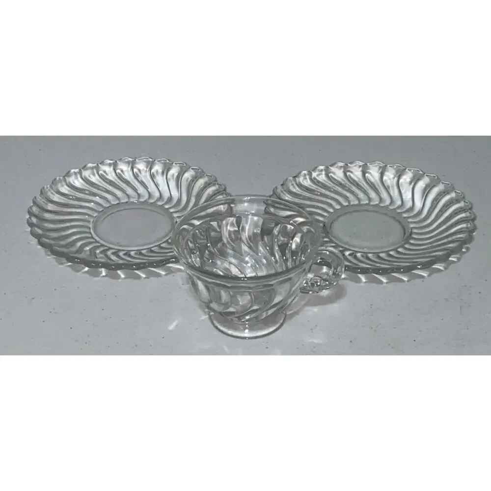 VTG Fostoria Colony Pattern Teacup Coffee Cup Glass & 2 Saucers Lead Crystal
